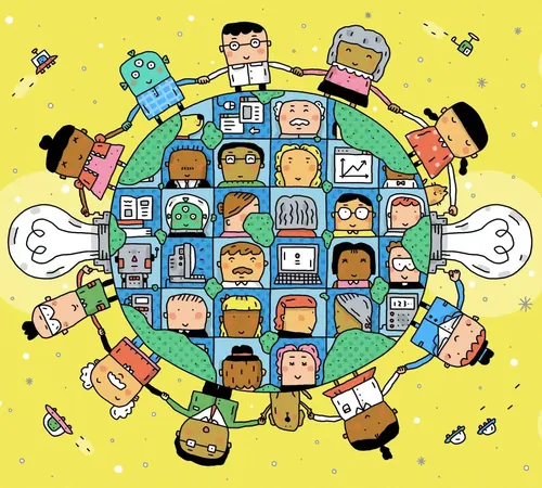 Cartoon diverse people connected around a globe symbolizing teamwork and collaboration