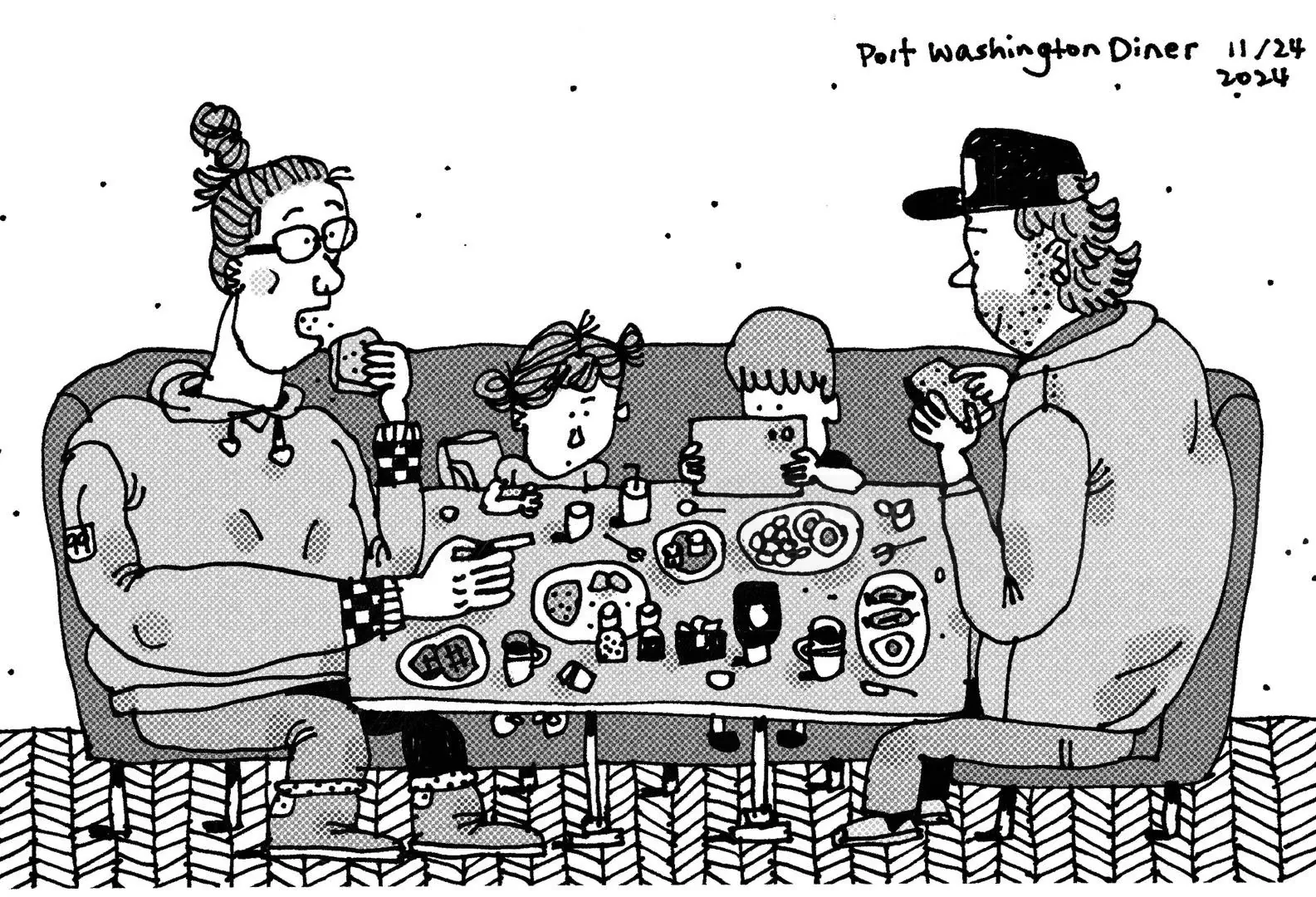 Family of four sitting around diner table eating and talking.