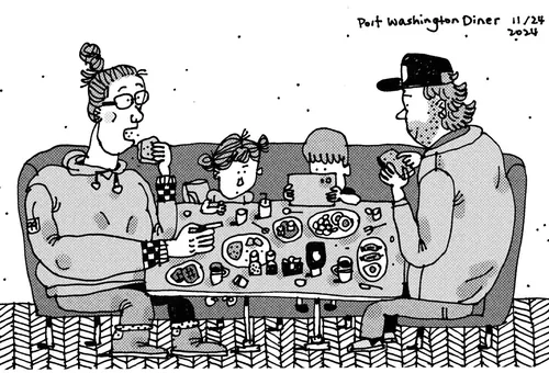 Family of four sitting around diner table eating and talking.