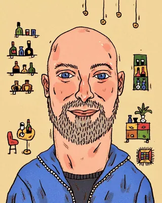 Illustration of a bald man with beard in a colorful room with shelves and lamps