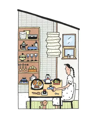 Woman seated at table in kitchen with shelves and window