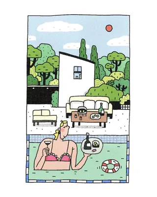 Person in swimsuit relaxing in pool with drinks and outdoor seating nearby.
