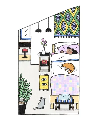 Bedroom with two cats, plants, nightstand, and patterned wall