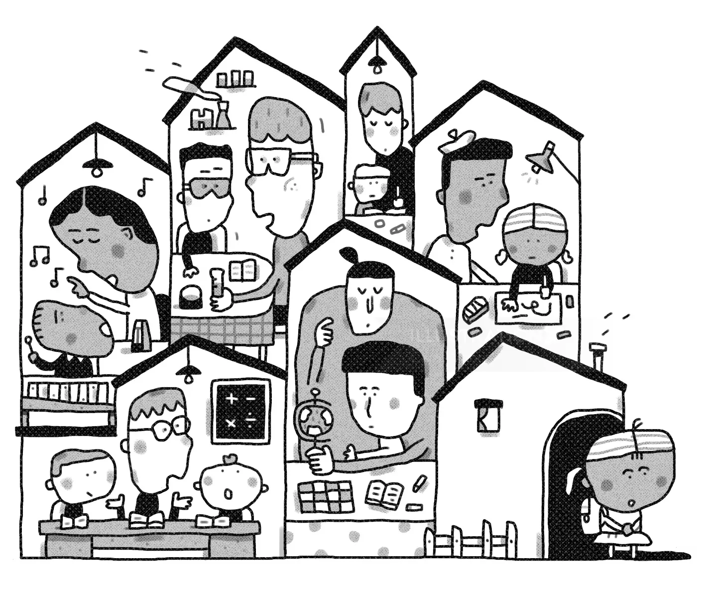 Illustration of diverse individuals inside house-shaped outlines