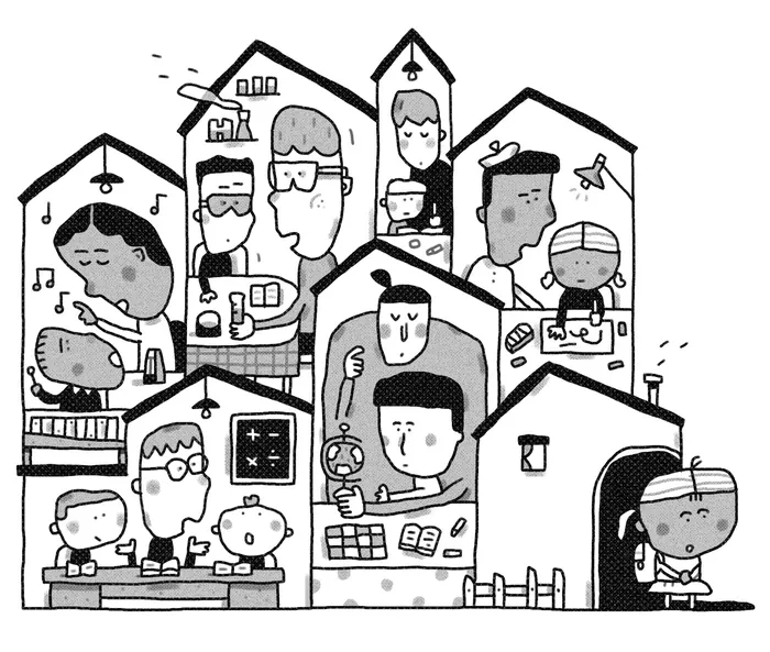 Illustration of diverse individuals inside house-shaped outlines
