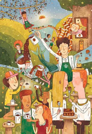 Colorful illustration of a lively coffee shop with people and baristas