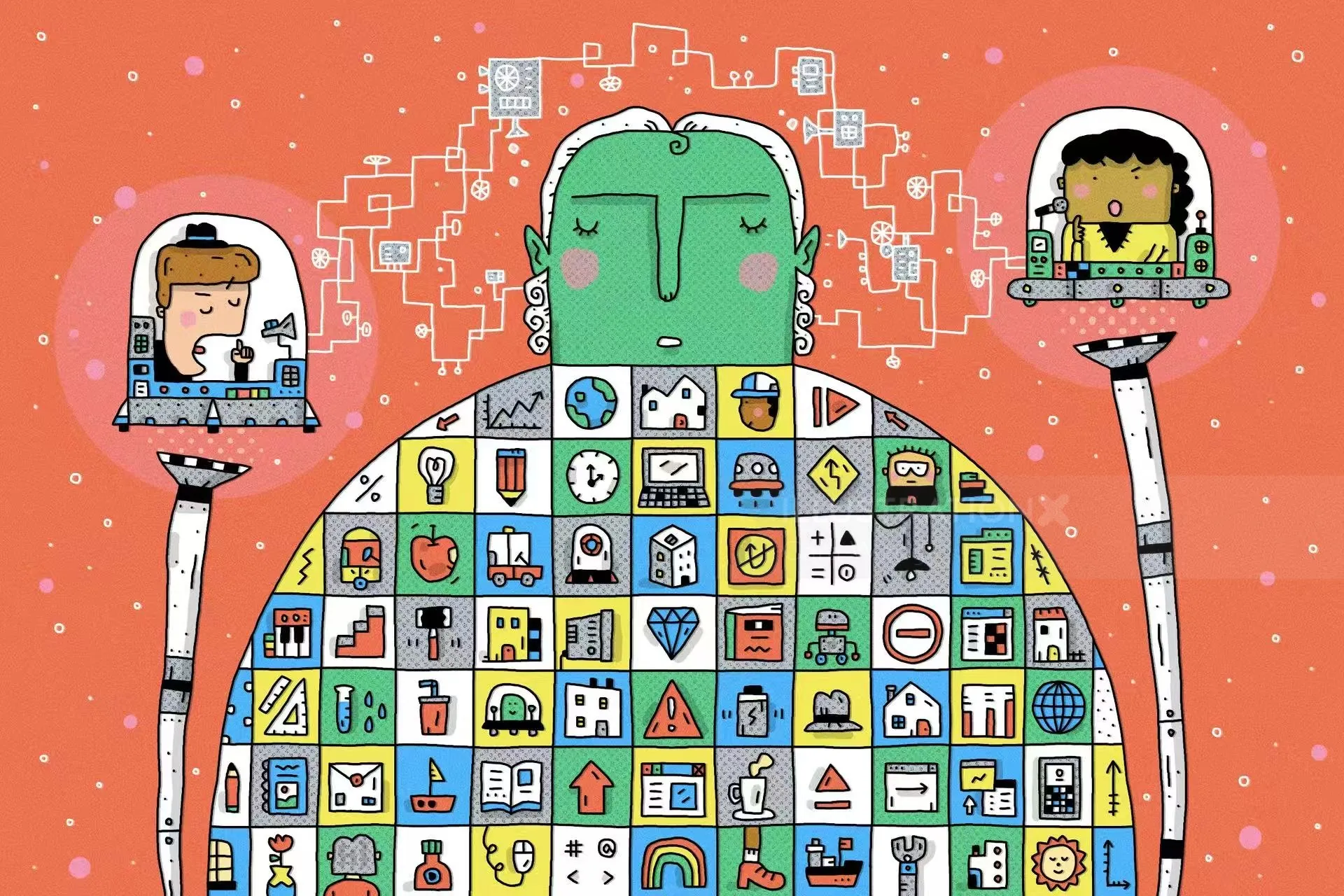 Large robot with icons on body holding two people in glass domes on its arms