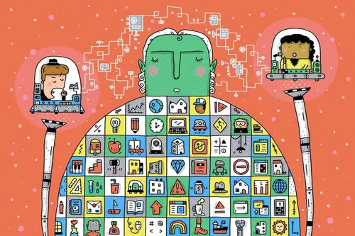 Large robot with icons on body holding two people in glass domes on its arms