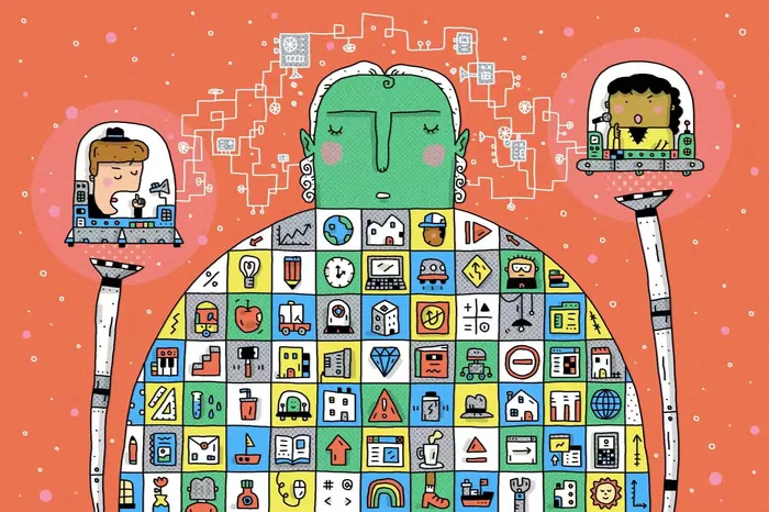 Large robot with icons on body holding two people in glass domes on its arms
