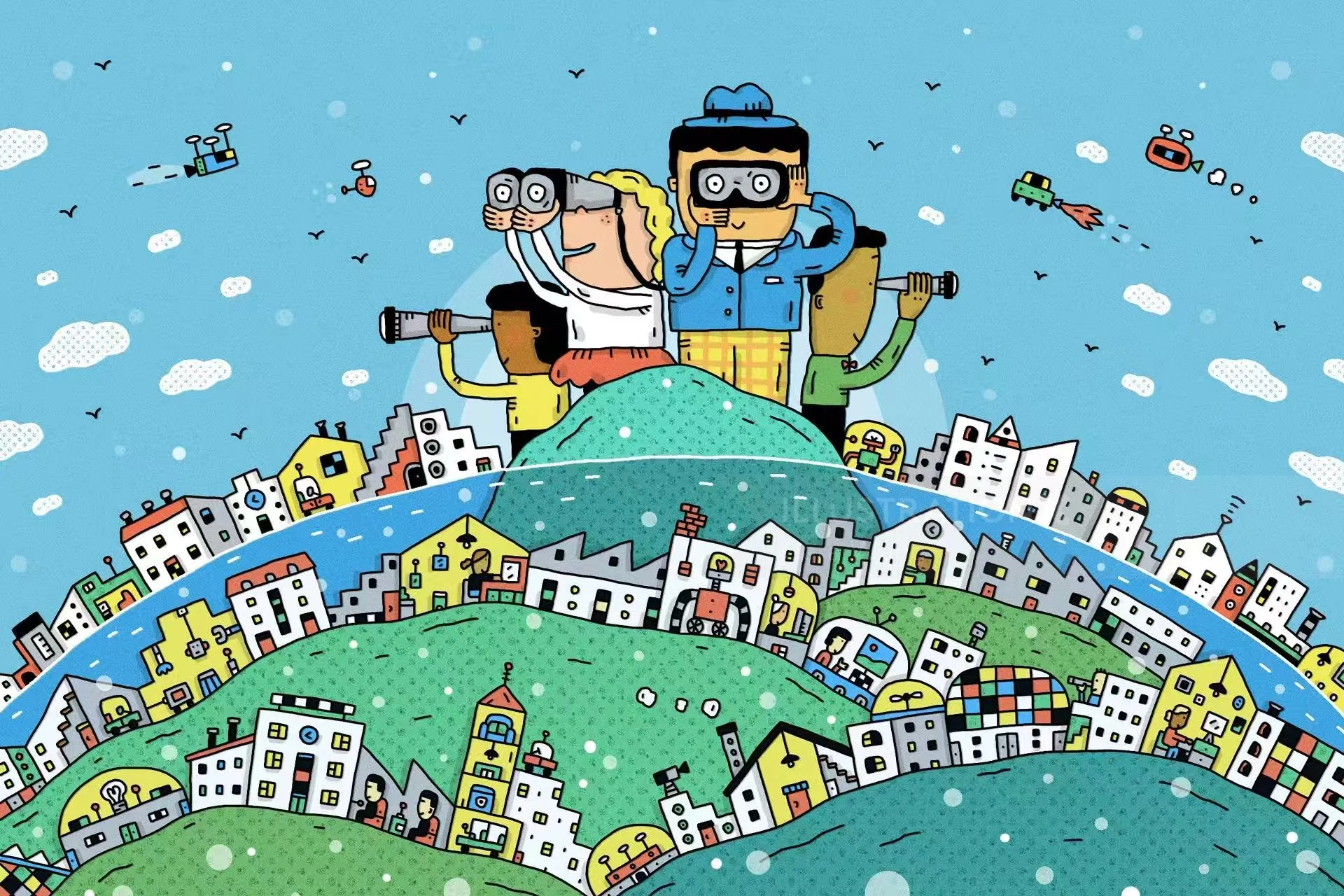 Cartoon two people on hill with binoculars viewing a town and flying drones