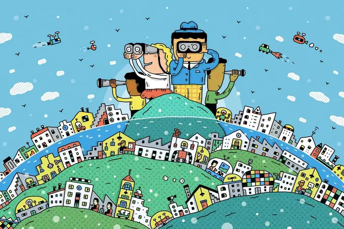 Cartoon two people on hill with binoculars viewing a town and flying drones