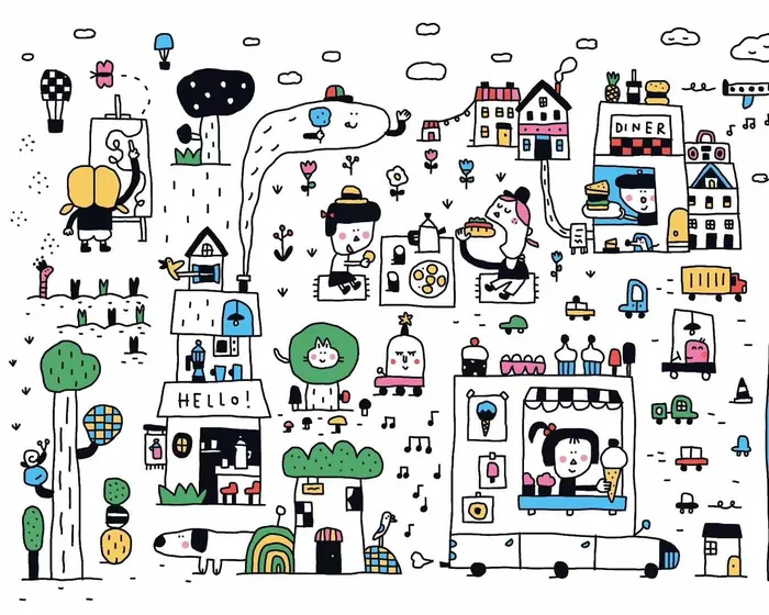 Cartoon town scene with people, buildings, animals, and quirky vehicles
