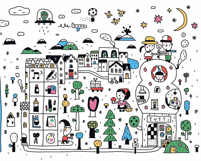 Cartoon drawing of a lively city with buildings, people, trees, and stars