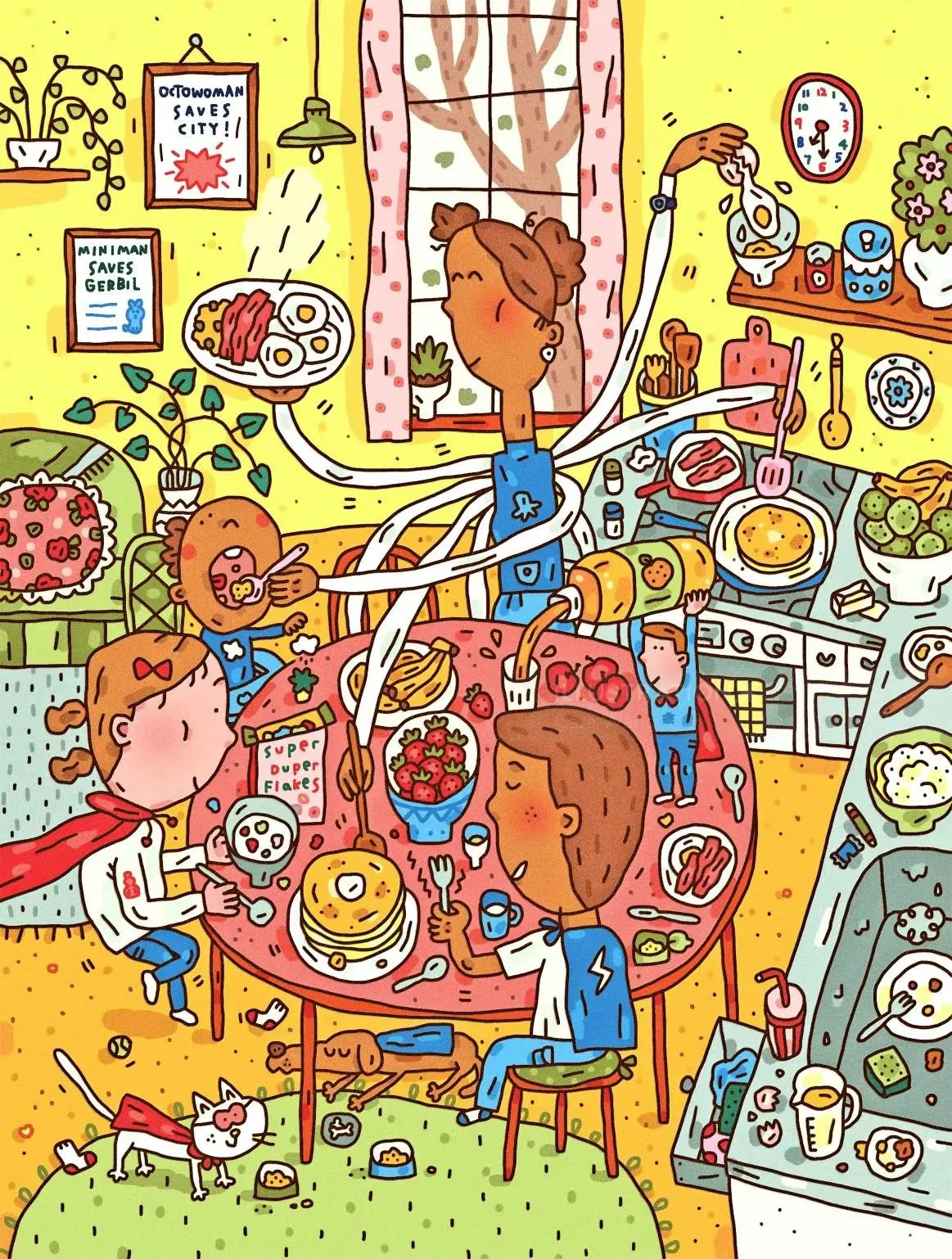 Colorful chaotic breakfast with a person serving food using many arms