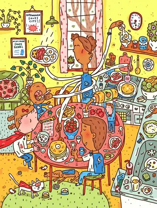 Colorful chaotic breakfast with a person serving food using many arms