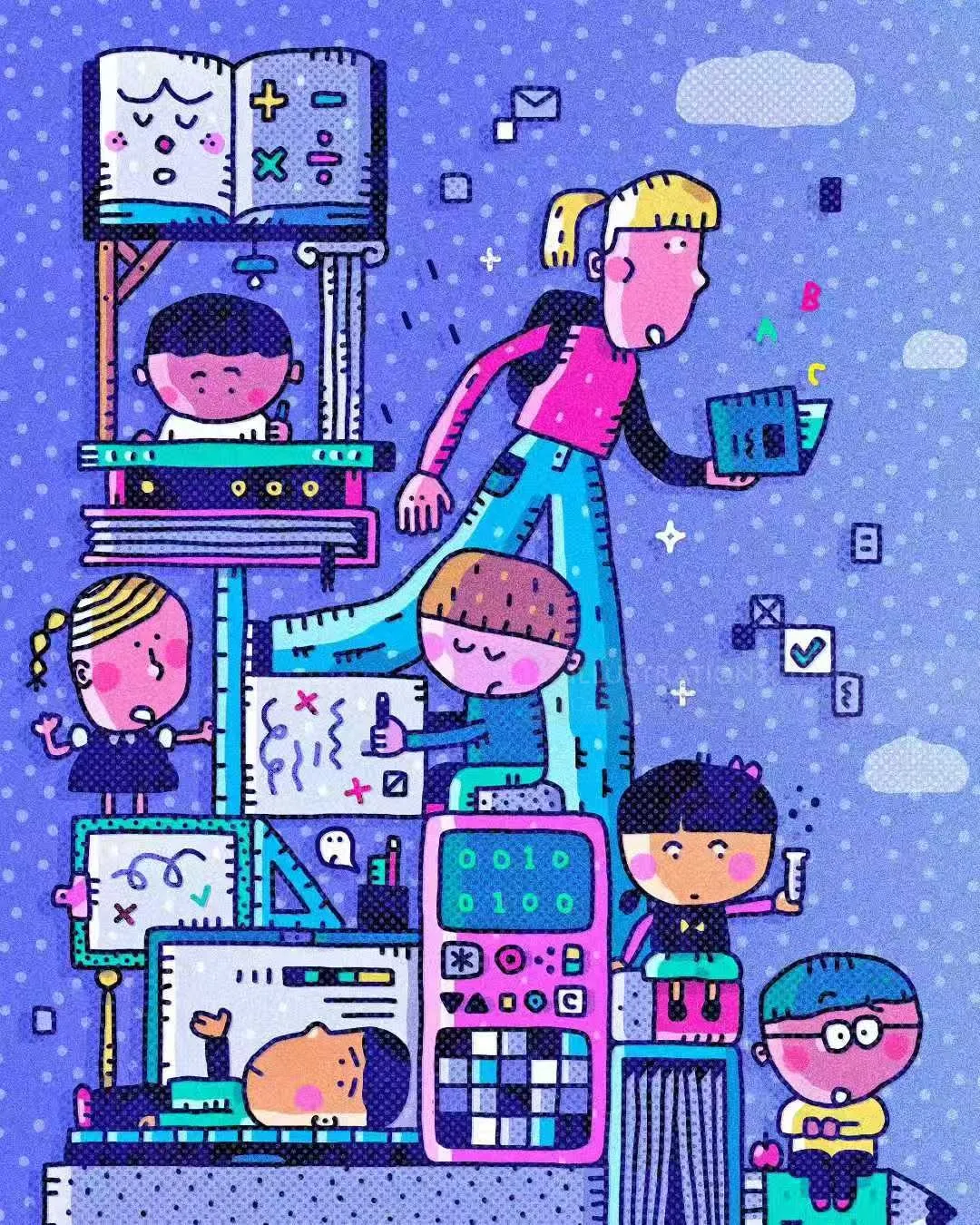 Colorful illustration of children using educational technology by Cara Wang