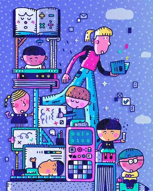 Colorful illustration of children using educational technology by Cara Wang