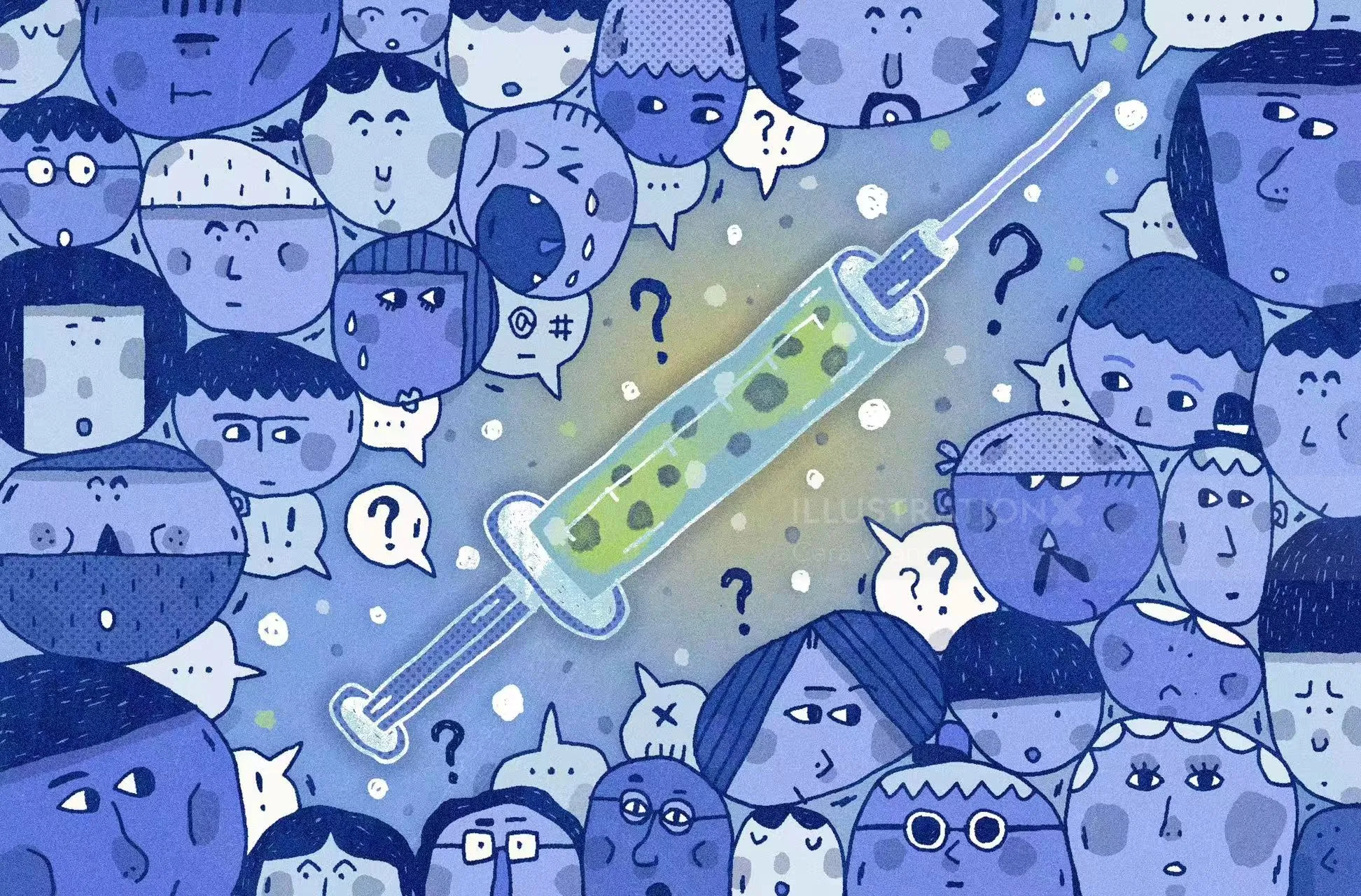 Illustration of diverse crowd surrounding a large vaccine syringe, by Cara Wang