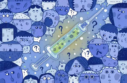 Illustration of diverse crowd surrounding a large vaccine syringe, by Cara Wang