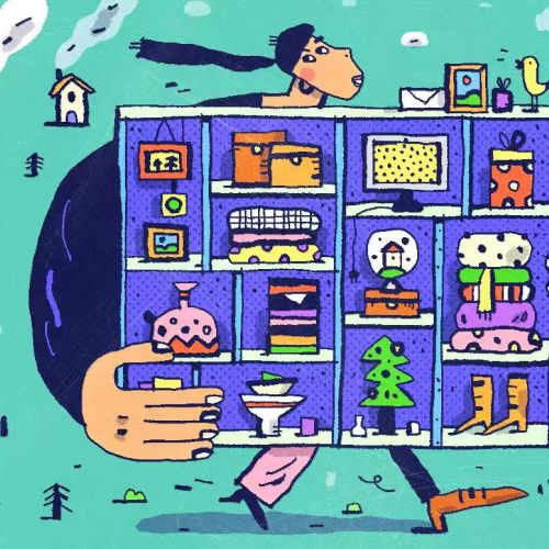 Illustration of a person holding a cabinet filled with items by Cara Wang