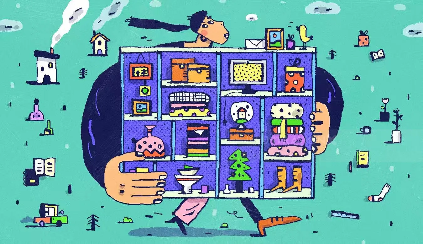 Illustration of a person holding a cabinet filled with items by Cara Wang