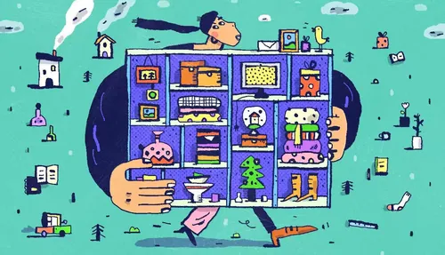 Illustration of a person holding a cabinet filled with items by Cara Wang