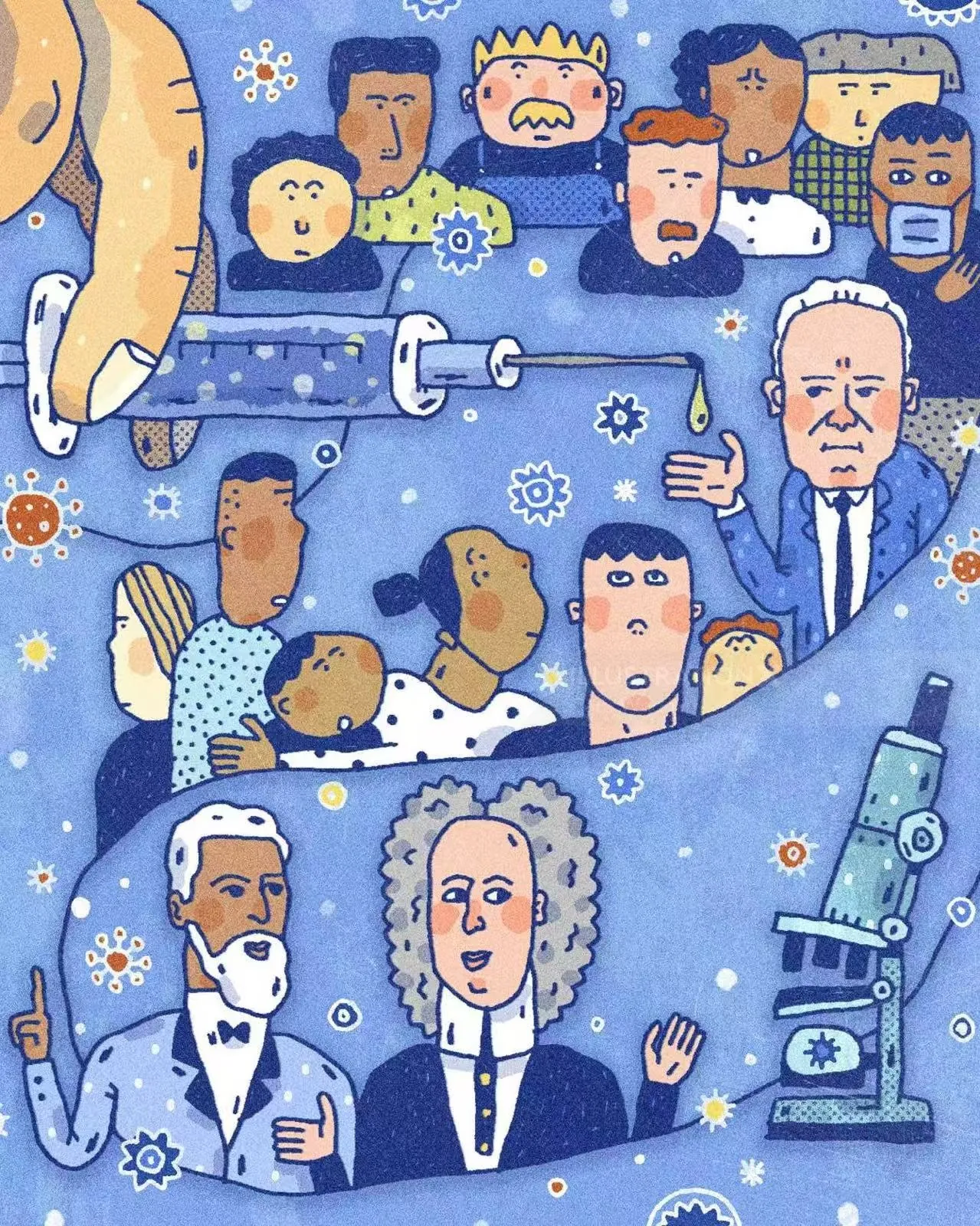 Illustration of vaccination history showing syringe, scientists, and virus by Cara Wang