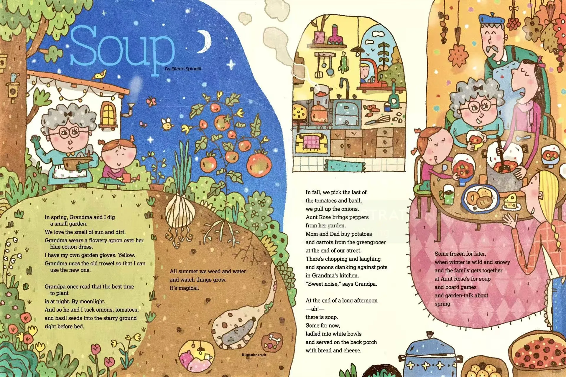 Illustration of grandma and girl planting vegetables and making soup by Cara Wang