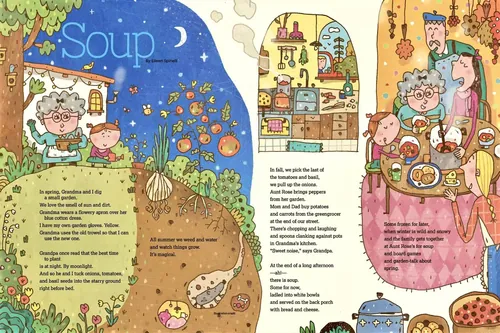 Illustration of grandma and girl planting vegetables and making soup by Cara Wang