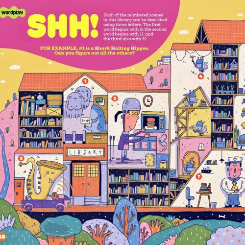 Farbenfrohes Bibliothekshaus mit Menschen und Büchern von Cara Wang