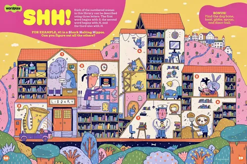 Colorful library house with people and books by Cara Wang