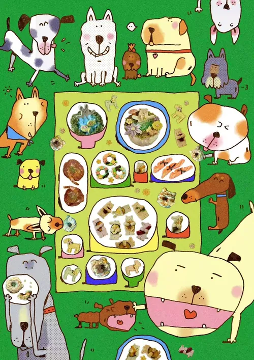 Illustration of dogs having a picnic with various dog treats by Cara Wang