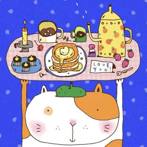 Illustration of a cat holding a dessert tray by Cara Wang