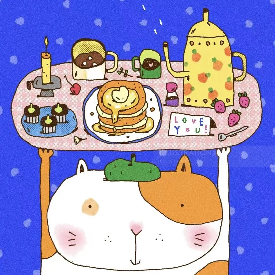 Illustration of a cat holding a dessert tray by Cara Wang