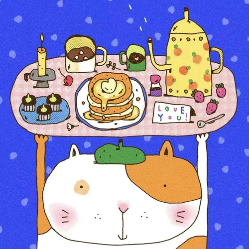 Illustration of a cat holding a dessert tray by Cara Wang