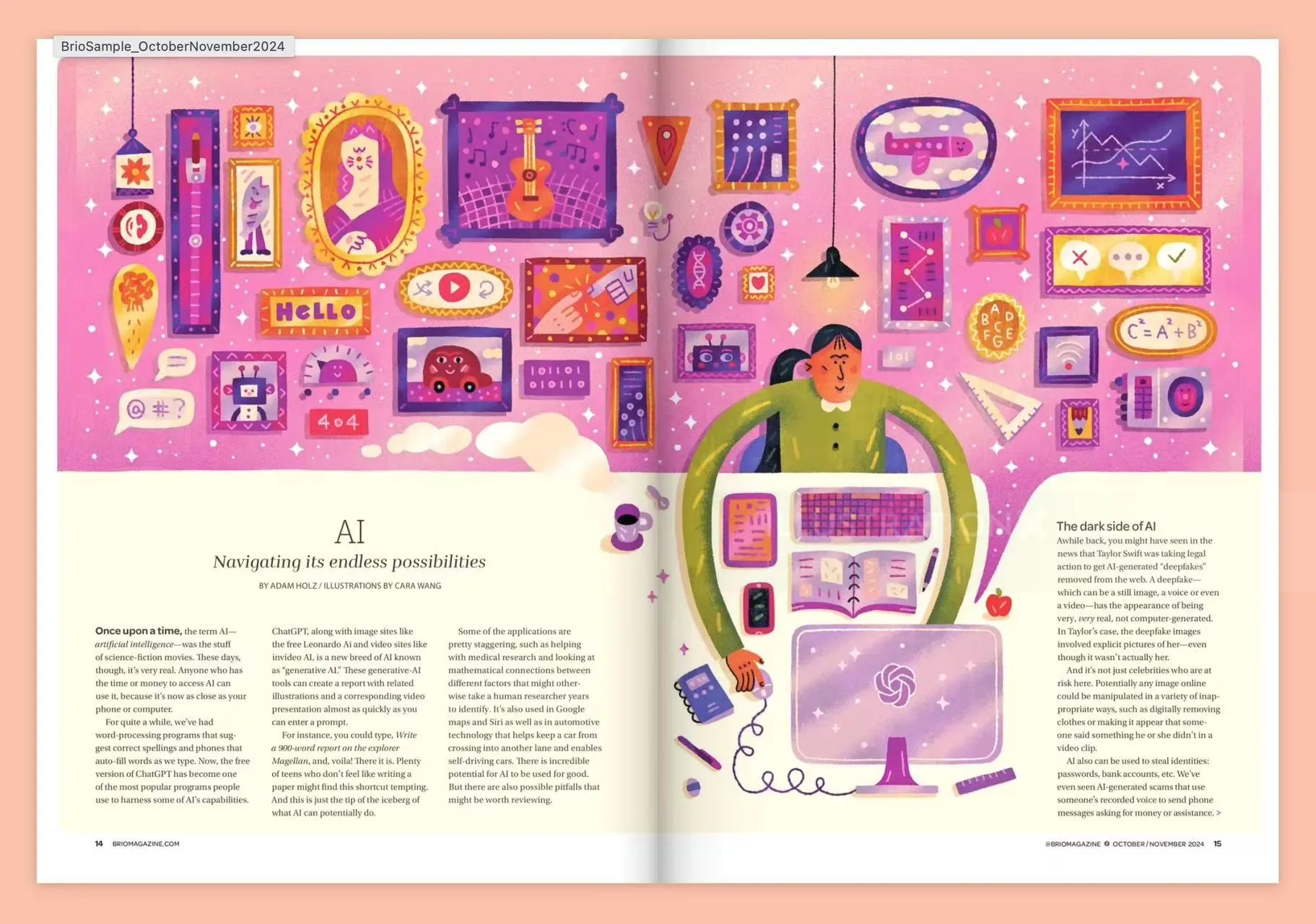 Girl working at computer surrounded by AI icons and charts by Cara Wang