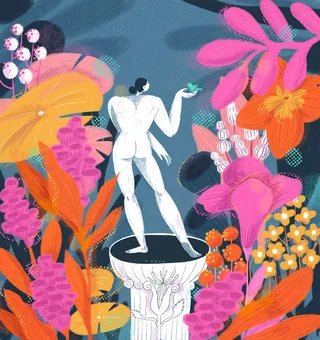 Nude figure holding butterfly surrounded by colorful tropical flowers by Caribay M. Benavides