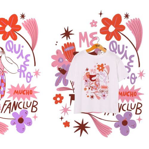 Print illustration for Monoblock and Ver showing woman with flowers and text