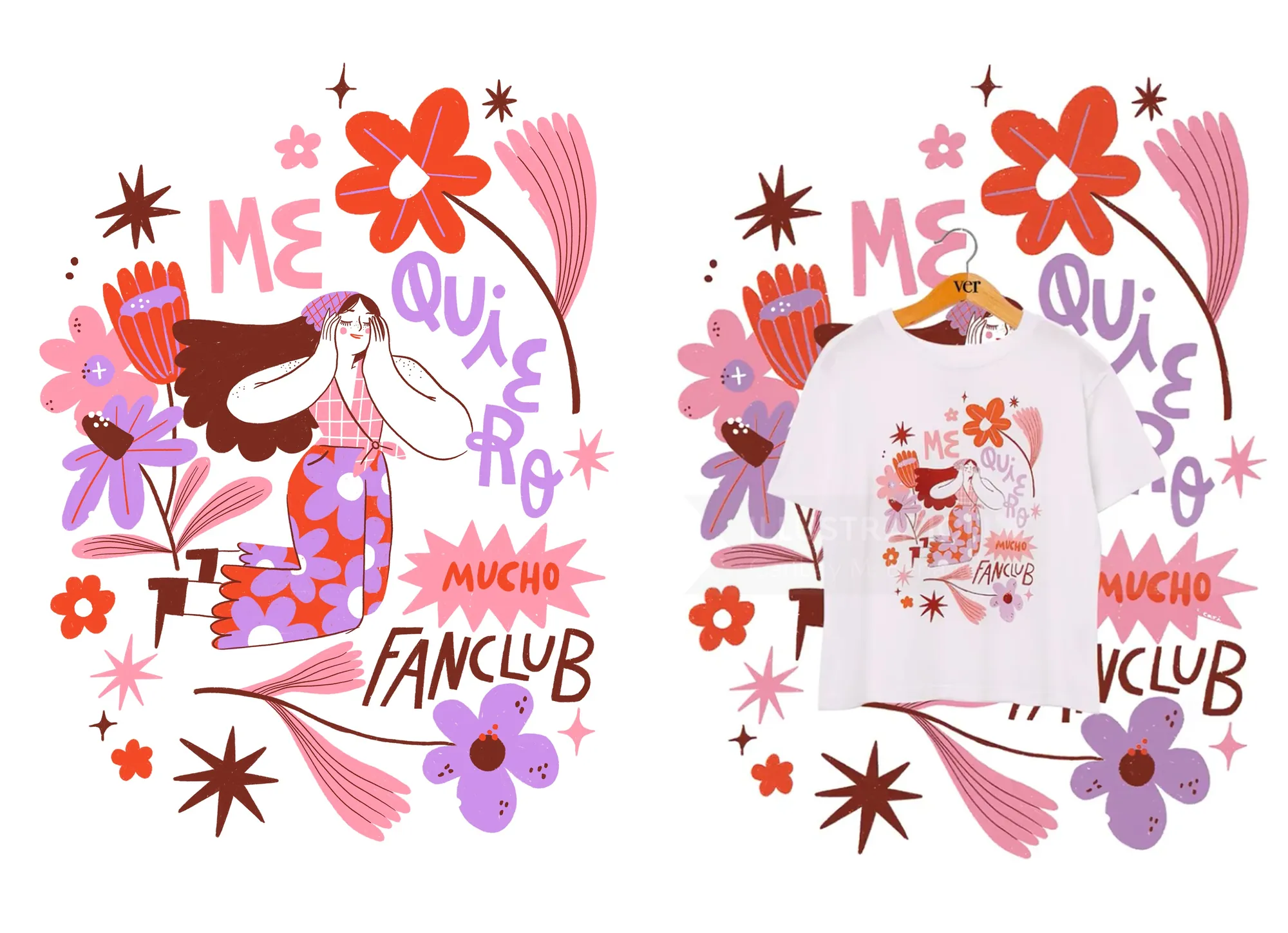 Druckillustration für Monoblock und Ver, die eine Frau mit Blumen und Text zeigt