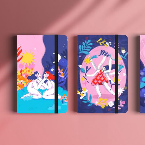 Notebook covers with vibrant whimsical illustrations by Caribay M. Benavides