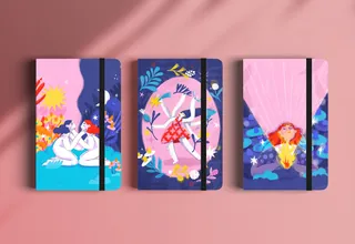 Notebook covers with vibrant whimsical illustrations by Caribay M. Benavides