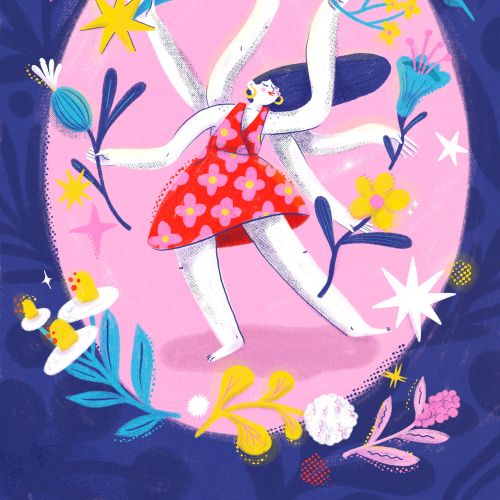 Illustration of dancing woman surrounded by colorful plants by Caribay M. Benavides