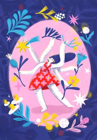 Illustration of dancing woman surrounded by colorful plants by Caribay M. Benavides