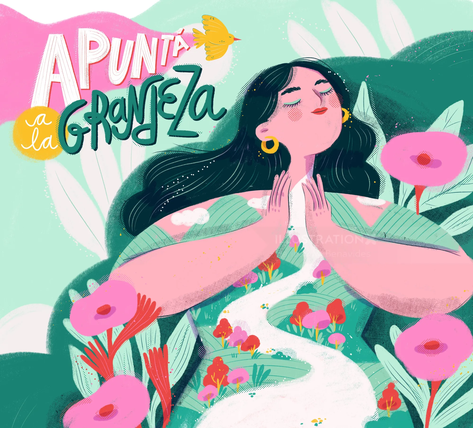 Illustration of a woman meditating surrounded by flowers by Caribay M. Benavides