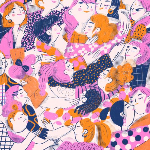 Illustration of diverse people embracing and smiling by Caribay M. Benavides