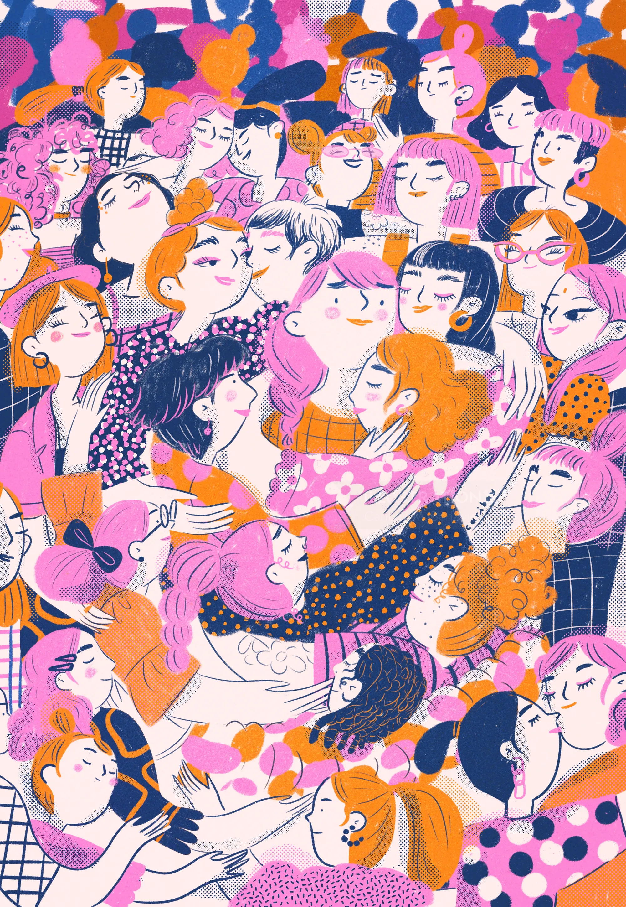 Illustration of diverse people embracing and smiling by Caribay M. Benavides