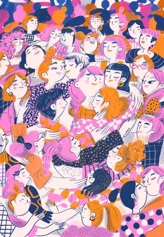 Illustration of diverse people embracing and smiling by Caribay M. Benavides