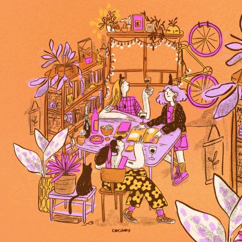 Cozy indoor scene with three people dining and plants by Caribay M. Benavides
