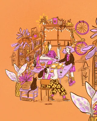 Cozy indoor scene with three people dining and plants by Caribay M. Benavides