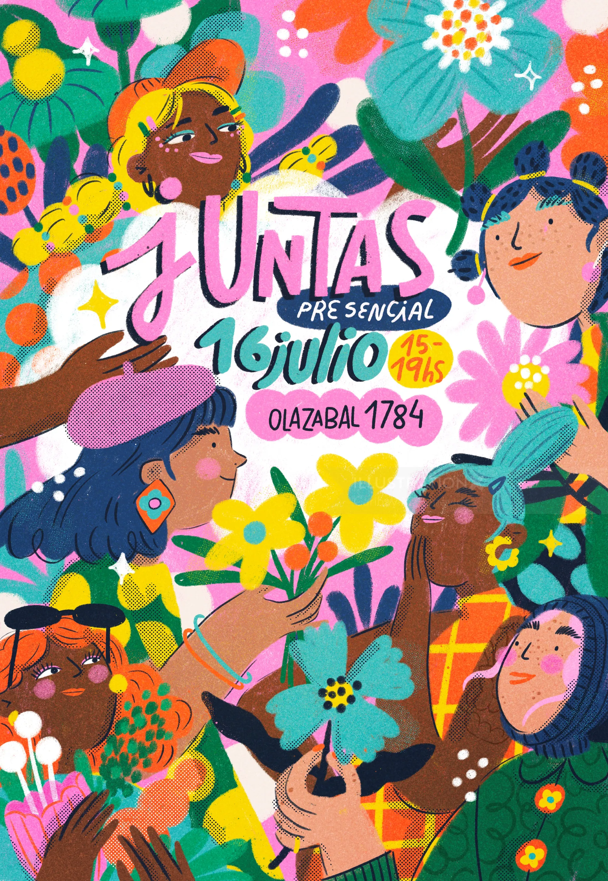 Colorful illustration of diverse women at Juntas event flyer by Caribay M. Benavides